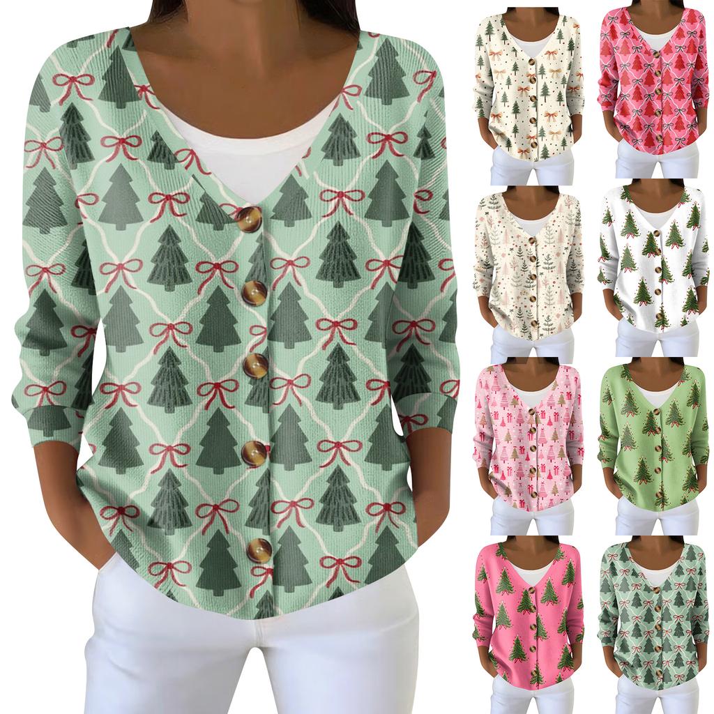 Women's Fashion Long Sleeve Christmas Snowman Snowflake Print Jacket Cardigan