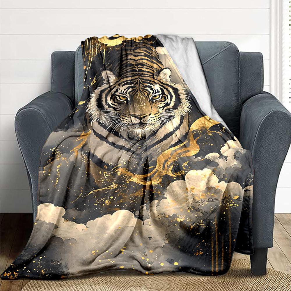 1pc Tiger Art Print Soft & Warm Polyester Knit Blanket, Digital Printed, All-Season Throw for Napping, Traveling, Sofa yy250906045