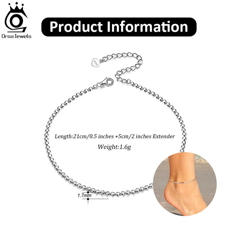 ORSA JEWELS 925 Проба Стерлинговое Серебро Новая Модная Плоская Цепочка с Бусинами Браслет на Лодыжку Женский Простой Характер Сексуальная Горячая Цепочка Украшение на Лодыжку SA13