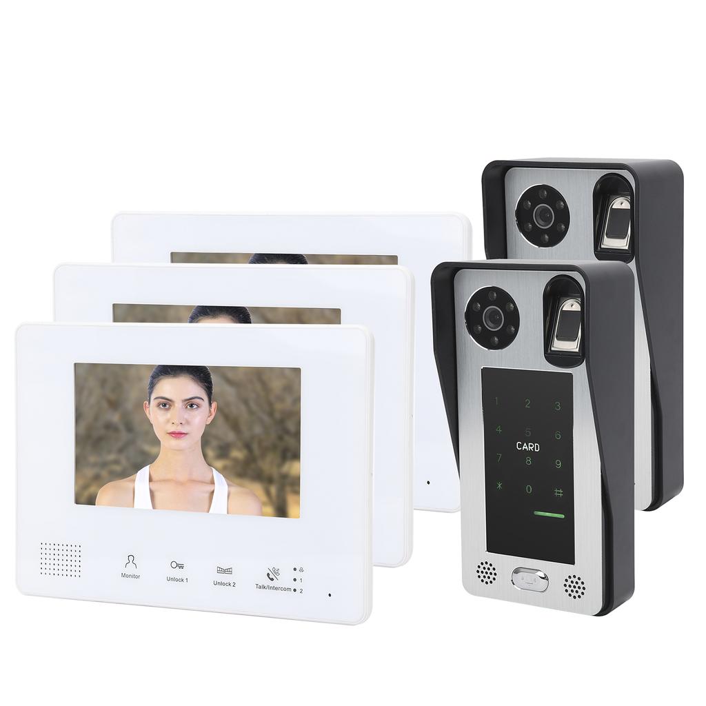 2-Wire Video Intercom 7in 3 Monitors 2 Cameras Fingerprint Password IC Card Night Vision Doorbell