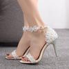 9cm Stiletto Sandals Lace Flowers Rhinestone Wedding Shoes Bride Wedding Shoes Photo High Heel Strap Sandals