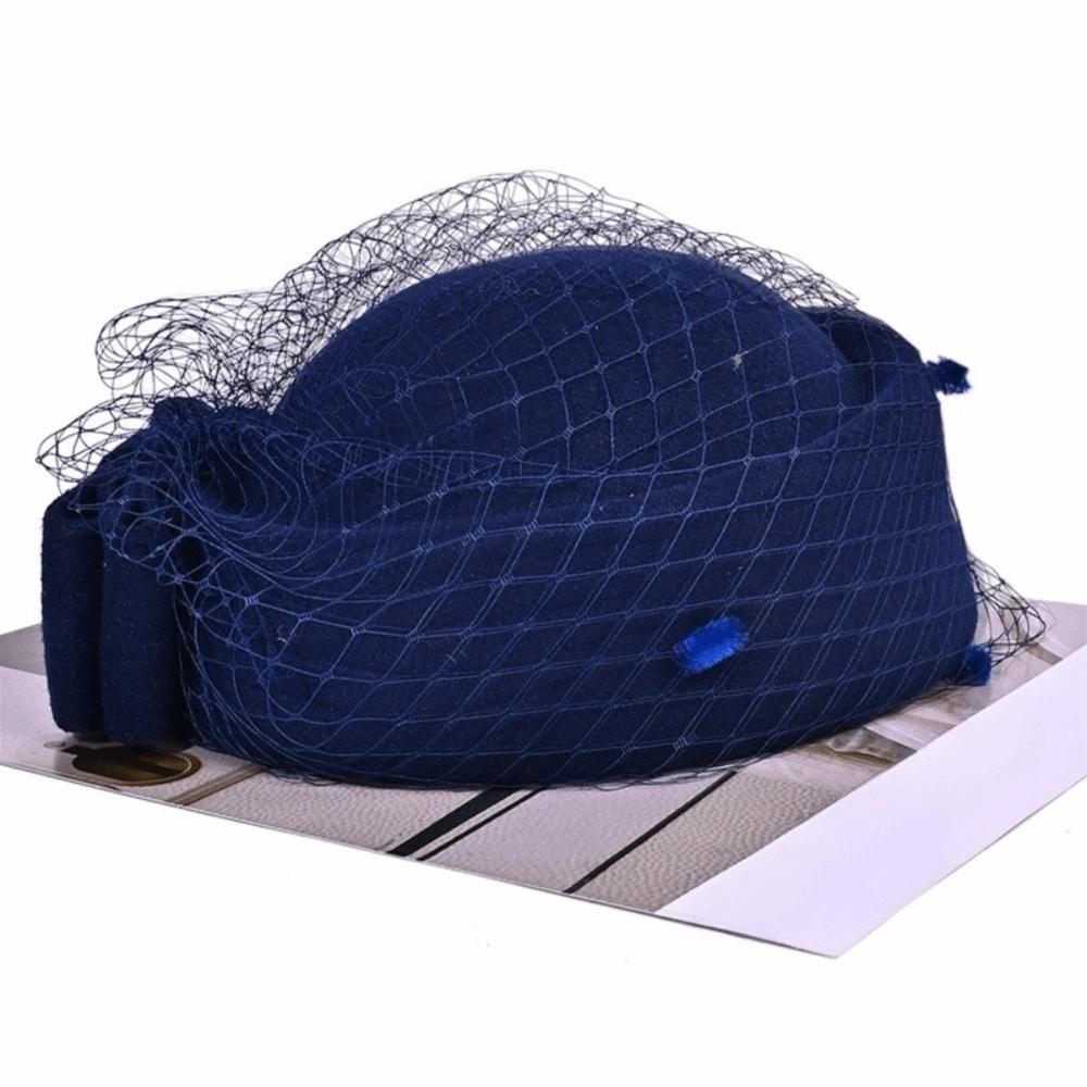 British Style Wool Bow Hat with Veil Mesh Topper Hat Sweet Pillbox Hat  Bride