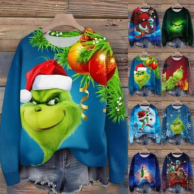 Пуловеры с длинным рукавом для женщин, с круглым вырезом, повседневные, милые, с принтом, вязаные, оверсайз