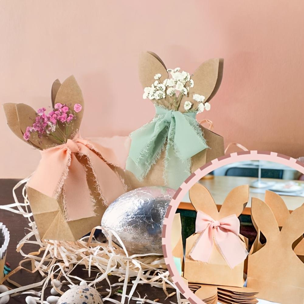 12PCS Cartoon Easter Rabbit Candy Gift Box with Ribbon Bow 3D Bunny Ear Rabbit Cookie Bag Kraft Paper DIY Party Favor Bag