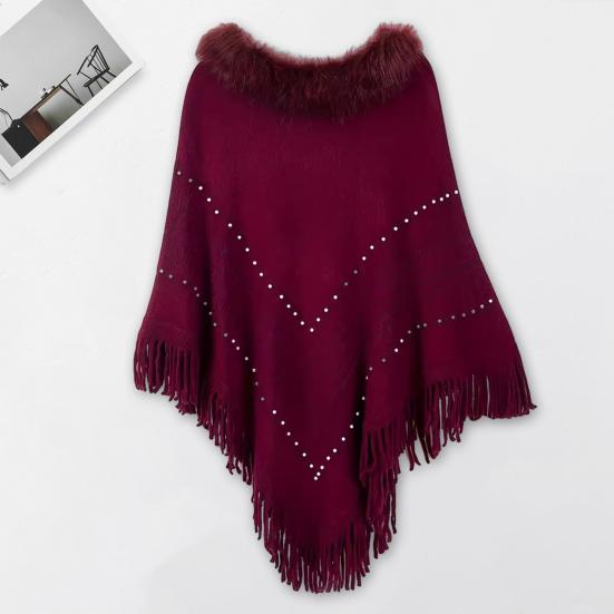 Женский плащ осень-зима с кисточками и бусинами, декор из искусственного меха, треугольной формы, однотонный, сохраняющий тепло, эластичный, пончо, болеро, в стиле бохо, с косами