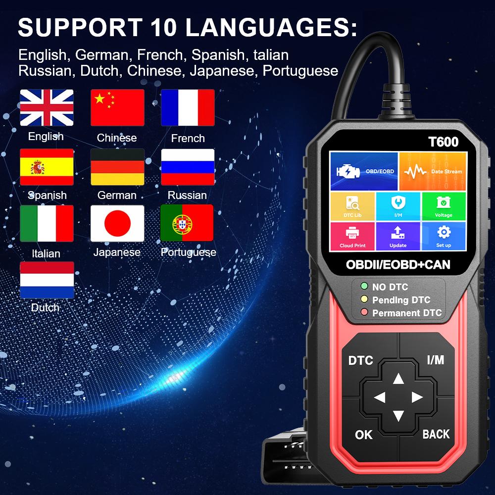 T600 Автомобильный Авто Диагностический Инструмент Сканер OBDII Считыватель Кодов BD2 Работает Для Всех Автомобилей Сброс/Удаление Кодов YM109 YM119 Многоязычный