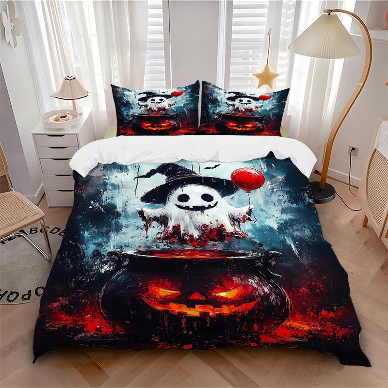 3pcs Halloween Ghost Printed Duvet Cover Set (1 * Cover+2 * Pillowcase, Without Core), Suitable for Home Bedroom, Guest Room, Dormitory Decoratio