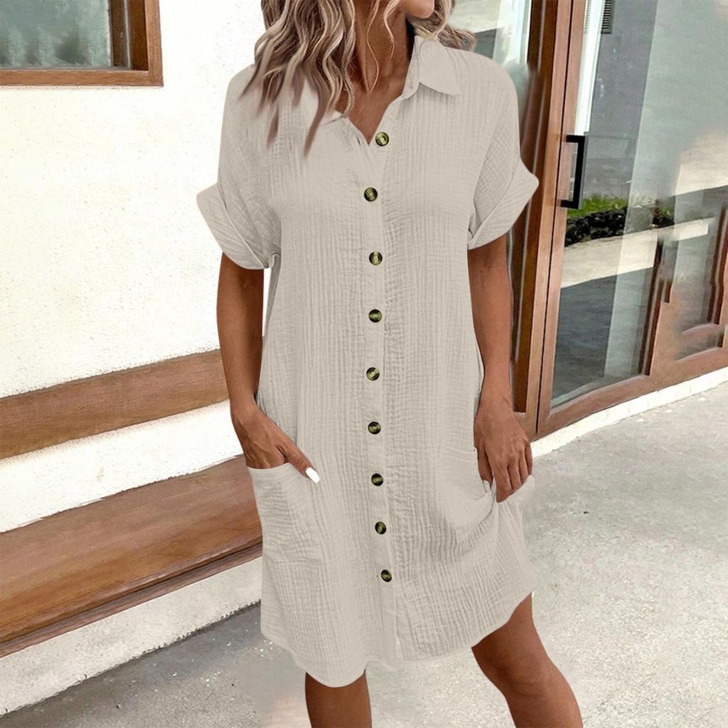 Fashion Women's Summer Casual Short Sleeve V-Neck Button Dress