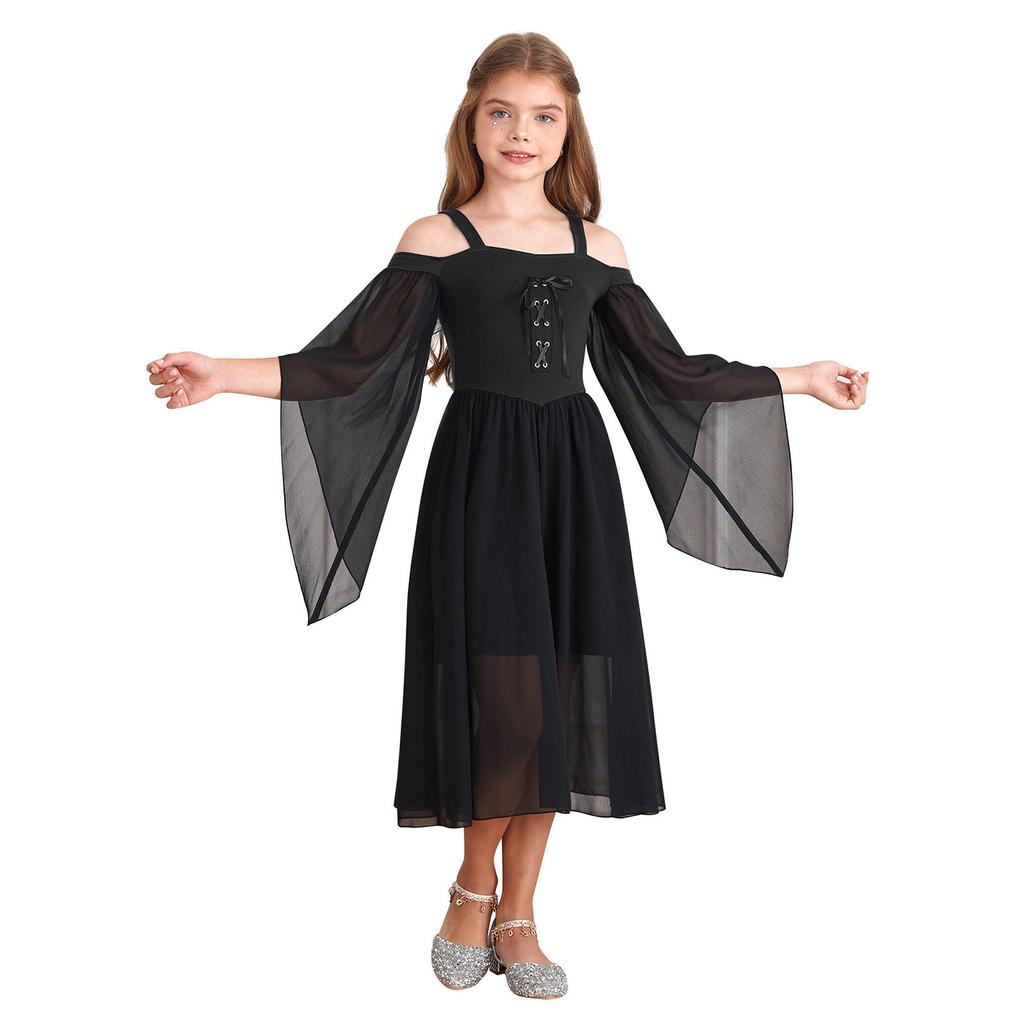 Kids Girls Medieval Princess Costume Renaissance Robe Gown Square Neck Halloween Cosplay Fancy Dress