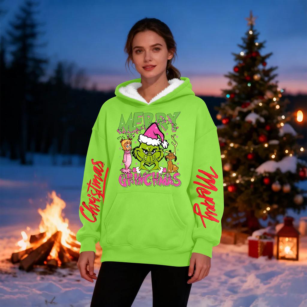 Women's Casual Fashion Plus Velvet Thickened Christmas Print Hooded Sweatshirt