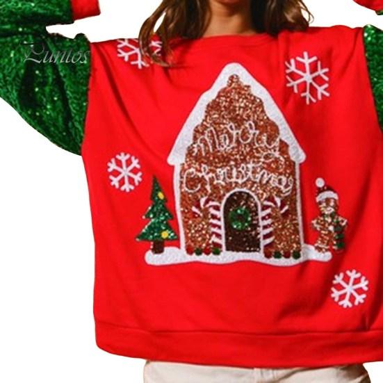 Women Christmas Sweatshirt Sequin Cartoon Pattern Round Neck Long Sleeve Loose Mid Length Pullover Party Holiday Top