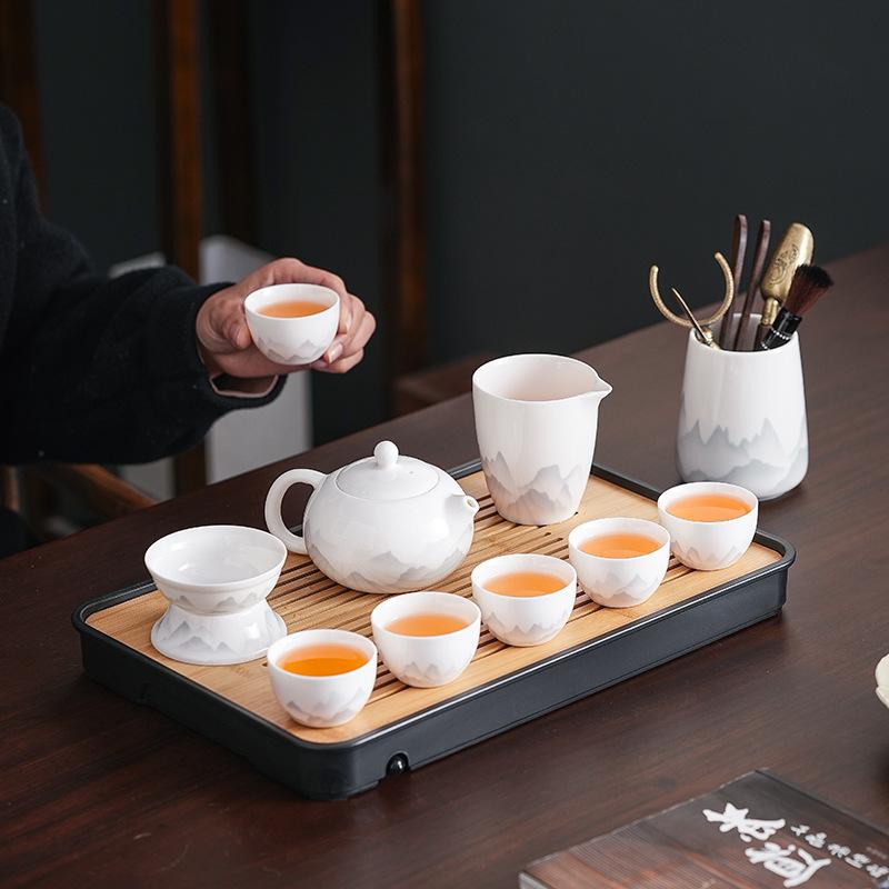 Suet jade white porcelain ink wind kung fu tea set high-end household tea business gift printing