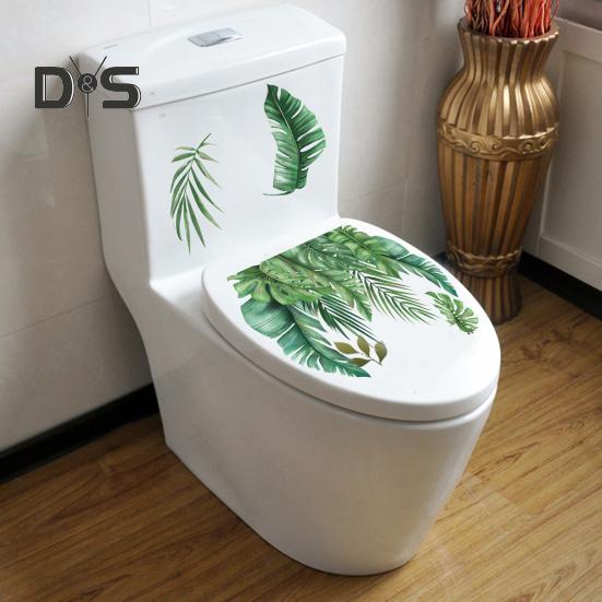 1 лист, наклейка для унитаза, самоклеящаяся, водонепроницаемая, без следов, зеленые листья растений, настенная наклейка, наклейка, декор для ванной комнаты, туалета