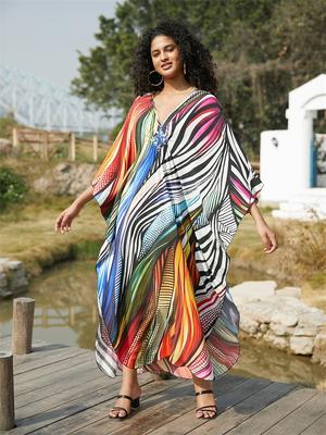 Красочный полосатый принт плюс размер ретро кафтан с v-образным вырезом и боковым разрезом домашнее платье 2024, летний женский пляжный купальник, накидка Q1628