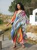 Colorful Striped Print Plus Size Retro Kaftan V-neck Side Split House Dress 2024 Summer Women's Beach Swimsuit Cover Up Q1628