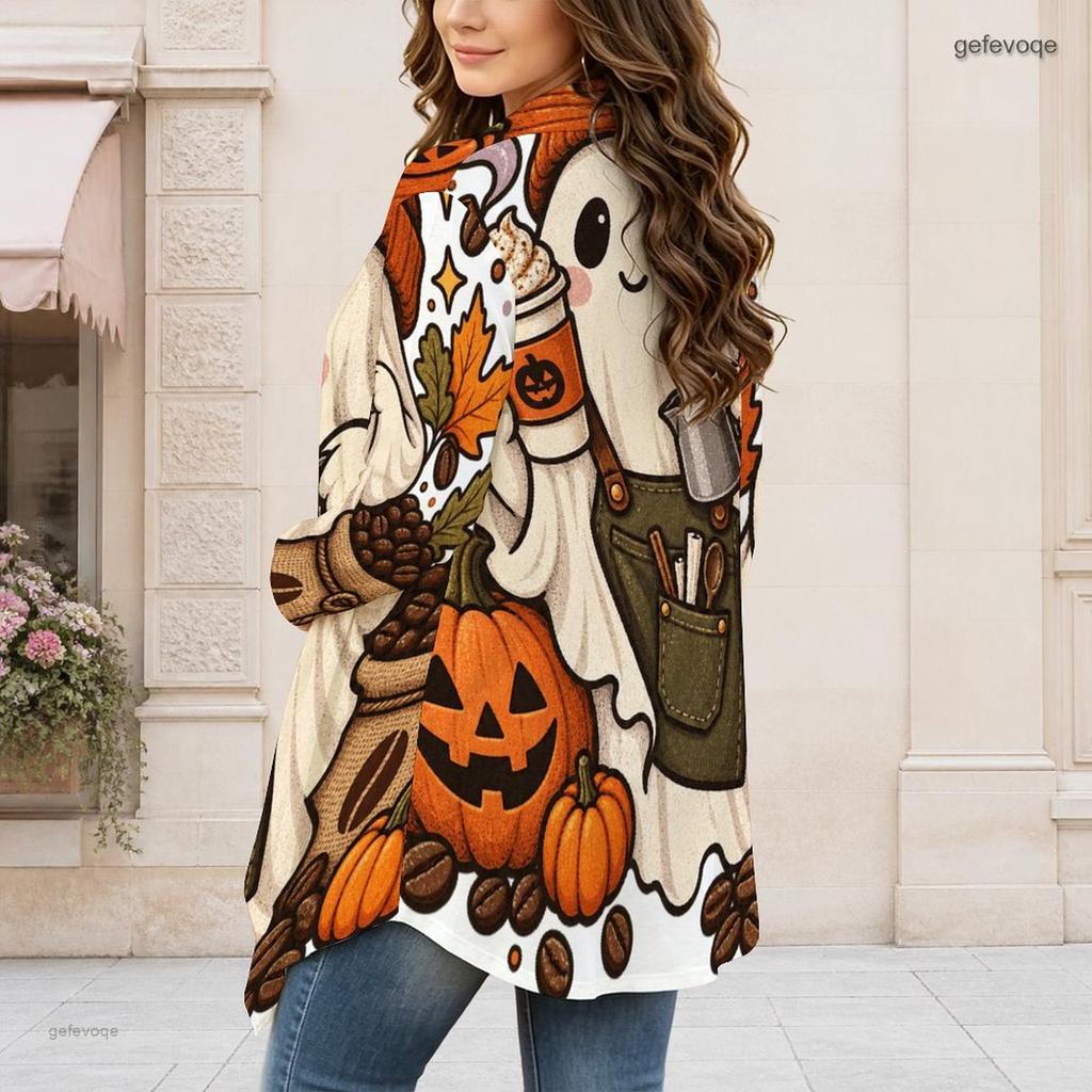 Women Plus Size Long Sleeve Open Front Cardigan Halloween Pumpkin Floral Printed Draped Collar Curved Hem