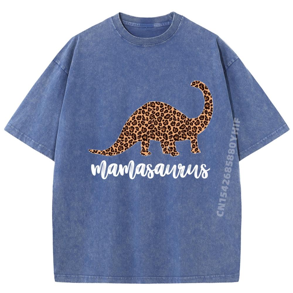 Mamasaurus T Rex Dinosaur Leopard Print Mama Saurus Funny Hiphop Streetwear Washed Camisetas De Hombre Printed Tshirts
