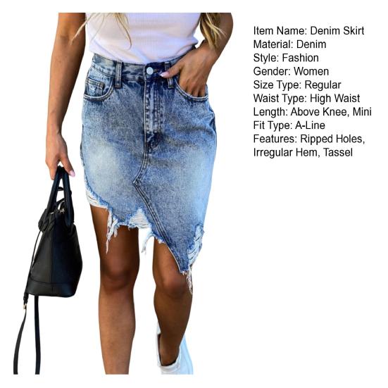 Женская джинсовая юбка с высокой талией и пуговицами на молнии Мини-юбка с рваными отверстиями и нерегулярным подолом на бедрах