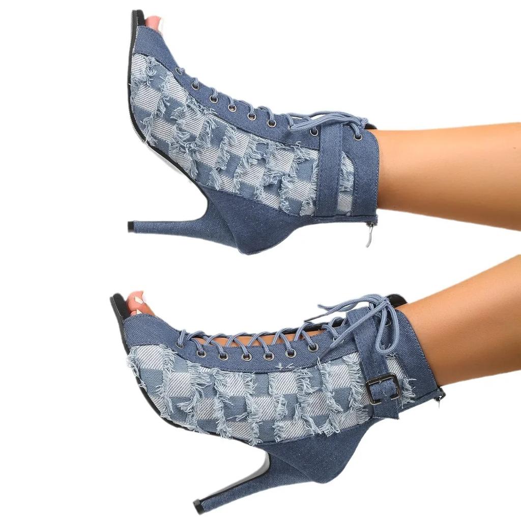 Fish Mouth High Heels Women Spring Summer Lace Up High Top Mesh Denim Slim Heels Sandals Outdoor Banquet Street Casual Shoes