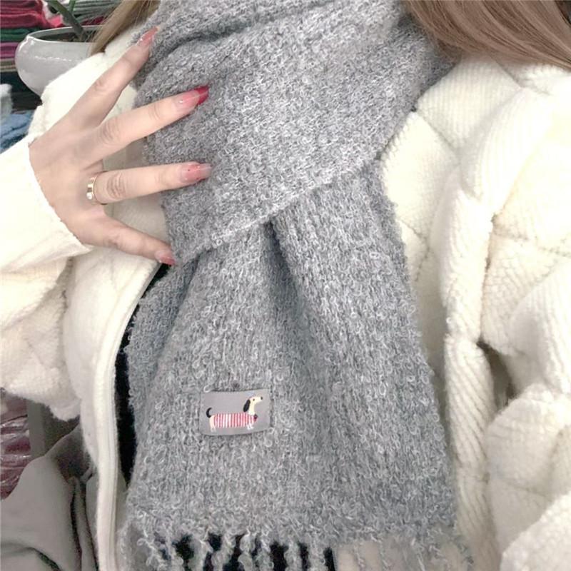 White Wool Knitted Tassel Woolen Scarf for Girls Winter New Versatile Warm Dog Logo Cute Scarf