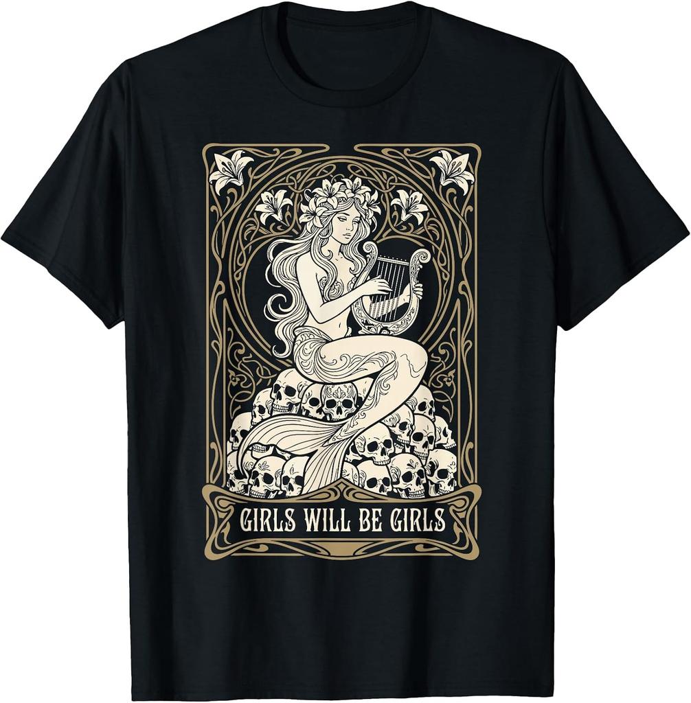Humorous Feminist T-Shirt with Siren, Harp, and Skull Design for Girls