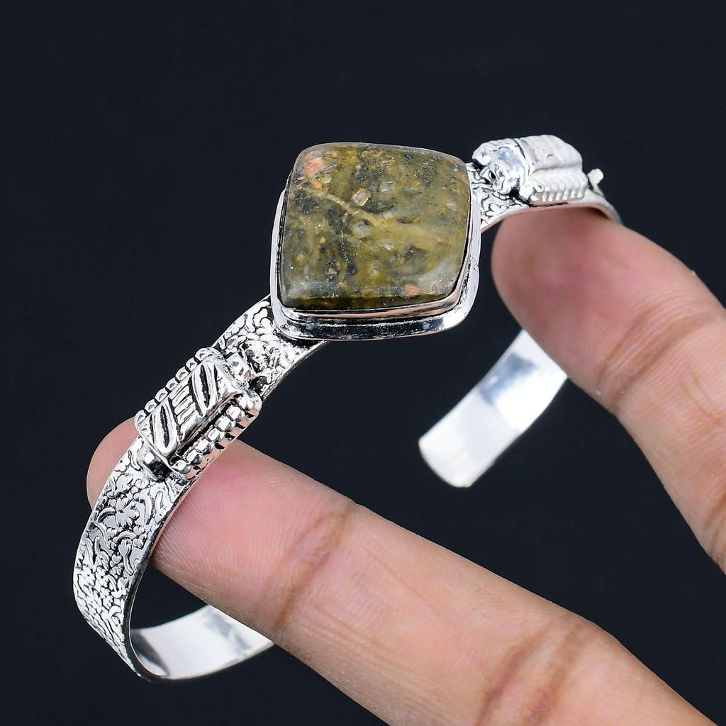 Браслет-бенгл из стерлингового серебра 925 пробы с камнем яшма шмель ручной работы на день рождения