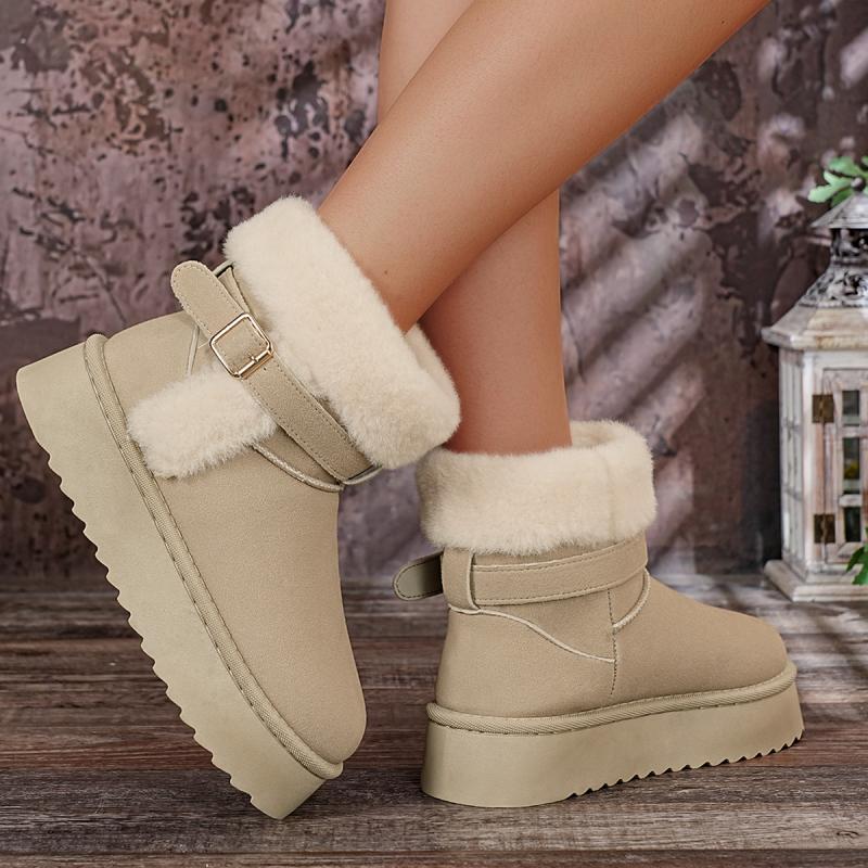 Soft Non Slip Thick Bottom Furry Snow Boots Women 2025 Winter Warm Fluffy Fur Ankle Boots with Platform Metal Buckle Plush Shoes