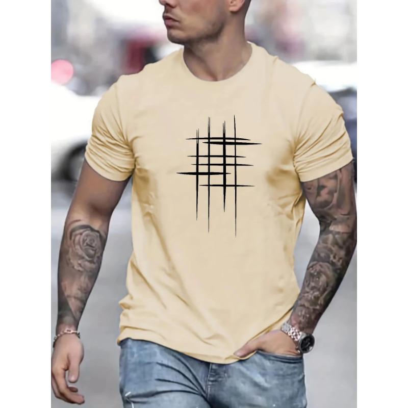 Summer Men's 100% Cotton Casual Loose Size Graphic Line Print Round Neck Short Sleeve T-shirt Top