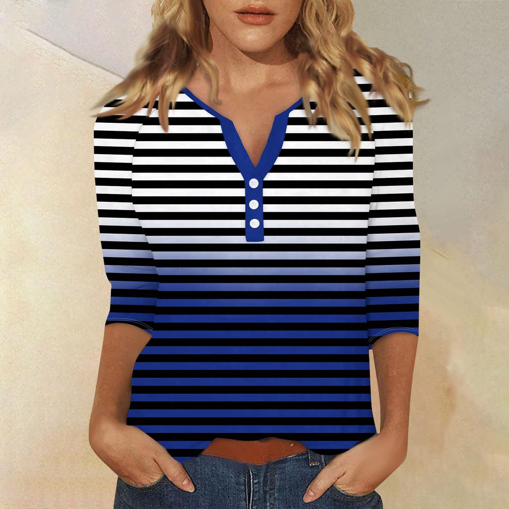 Жен. Футболка Футболка С принтом Пуговицы Рукав 3/4 Повседневные Выходные Мода Классический Классический V-образный вырез Обычный Верх