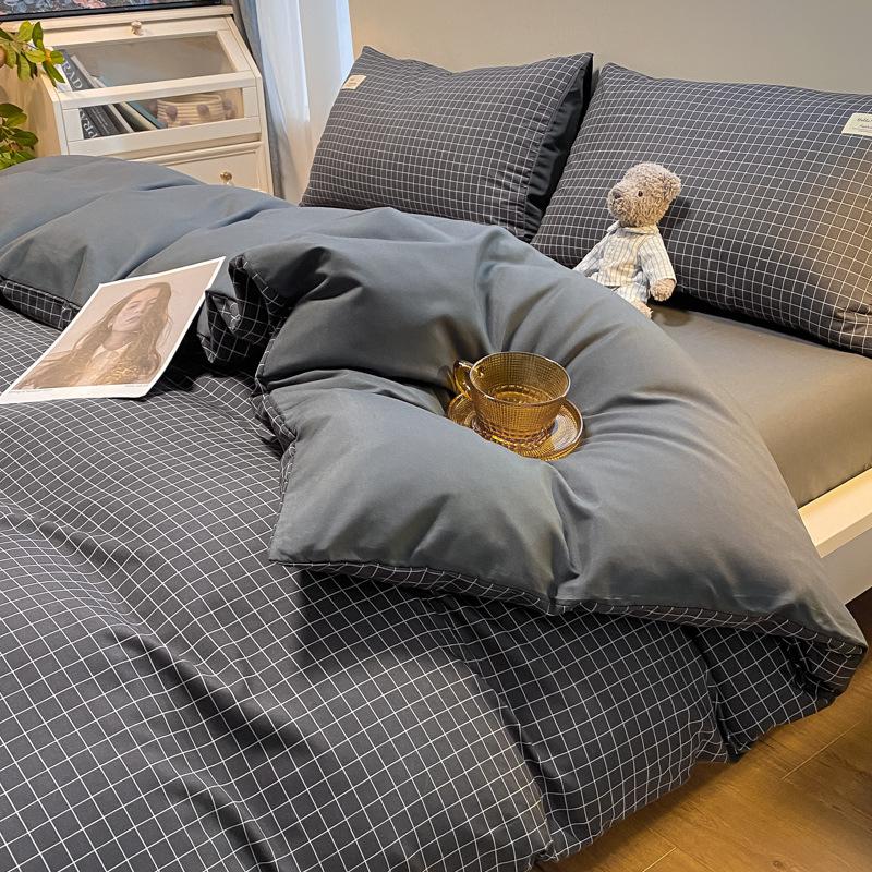 Простыня в клетку из четырех предметов и пододеяльник в японском стиле в скандинавском стиле, набор из трех предметов из стираного хлопка с начесом