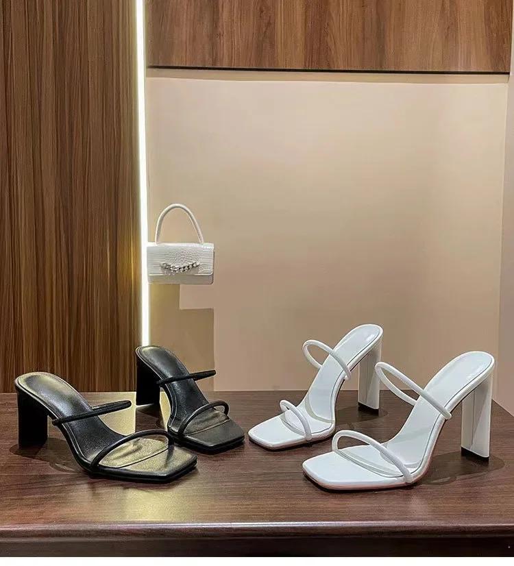 Туфли на высоком каблуке для женщин, новые женские туфли, летние туфли с квадратной головкой, одна линия, классные тапочки, тапочки на толстом каблуке