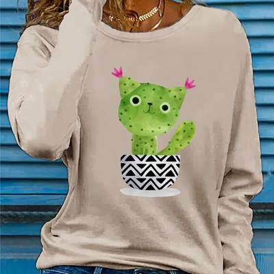 Топы для женщин с принтом кота и кактуса, круглый вырез, длинный рукав, футболка, осенний повседневный тонкий пуловер, женский топ с длинным рукавом
