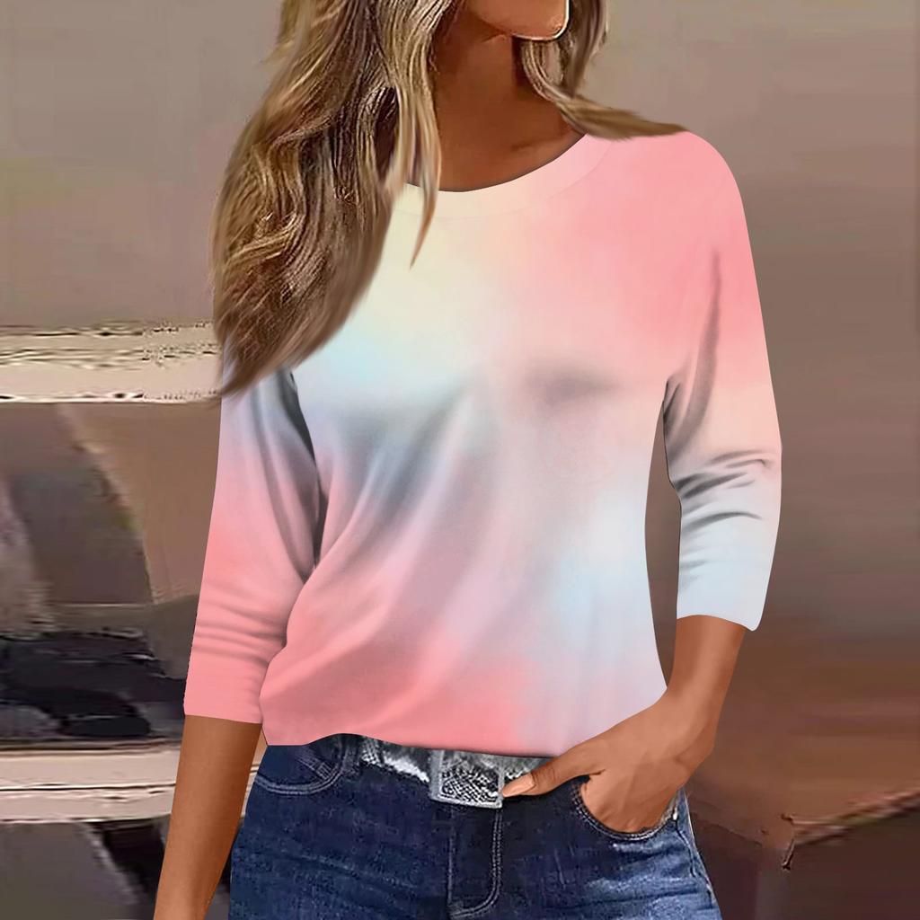 Women's Fashion Casual Round Neck 3/4 Sleeve Loose Printed T-Shirt Ladies Top