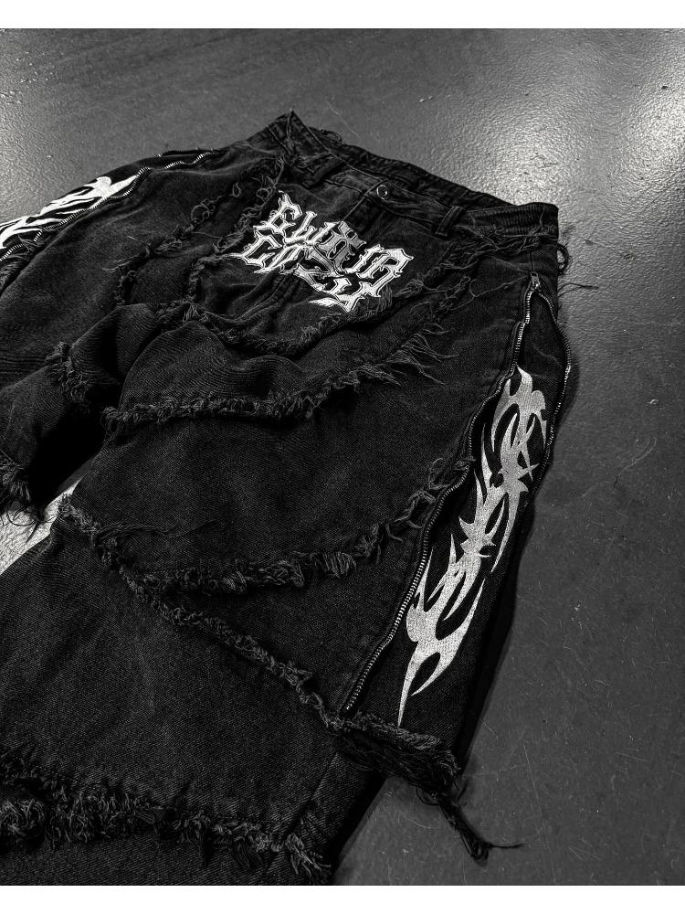 Мода Америка ретро-стрит молния пэчворк мешковатые джинсы мужские Y2k полоса вышивка сращивание черные джинсовые брюки хип-хоп джинсы