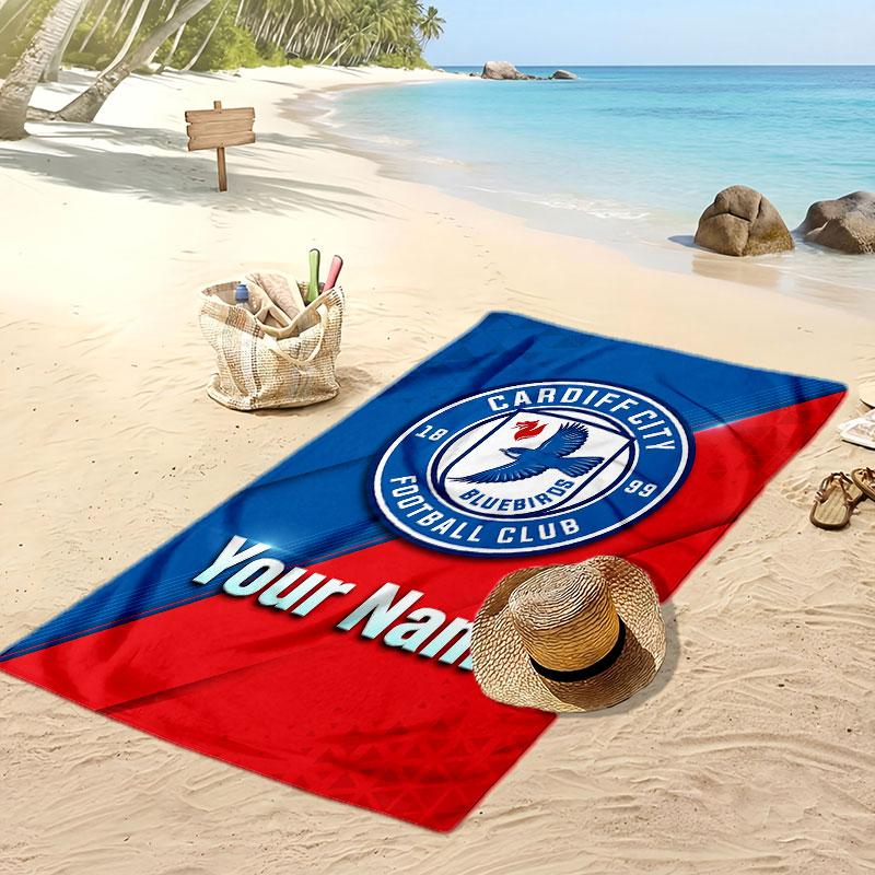 Cardiff City Personalized Printed Beach Towel Soccer Logo Support Custom Name Text Absorbent Towel For Sport Travel Special Gift