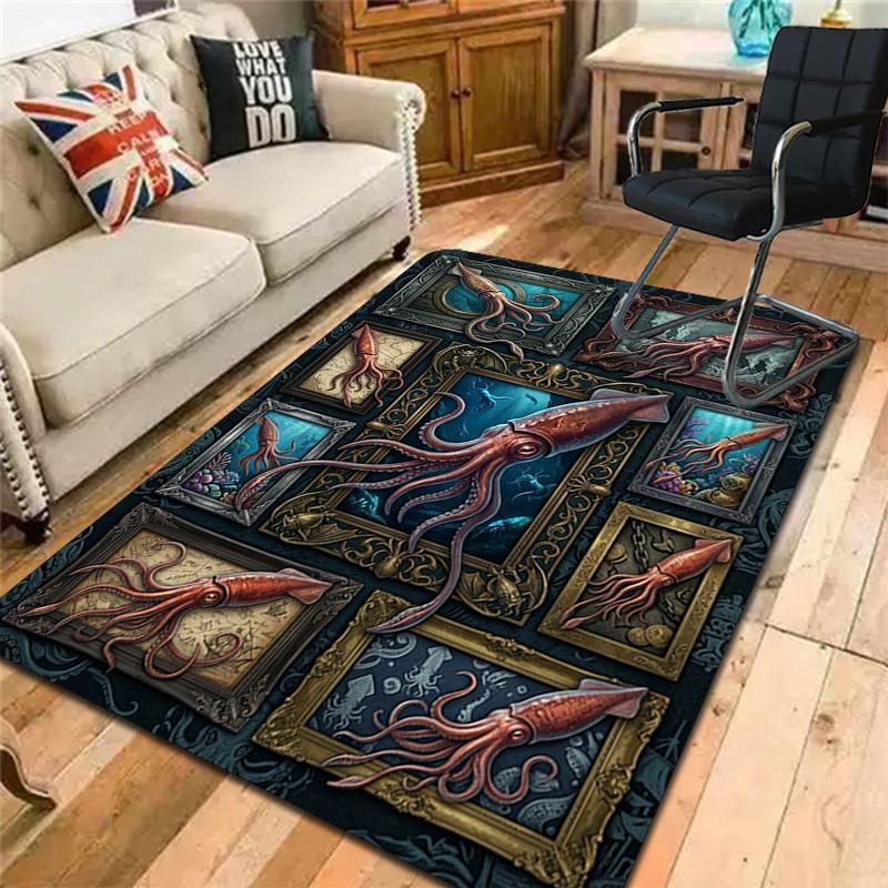 Squid Art Collection Pattern Rug Floor Mat for Living Room or Bedroom Soft and Comfortable Carpet a Gift for Birthday and Holiday.