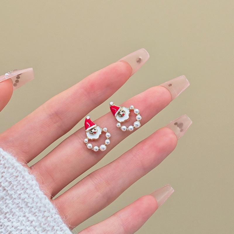 Enamel Santa Claus Min Stud Earrings Female Fashion Sweet Red White Color Geometry Ear Wedding Jewelry Romantic Gift