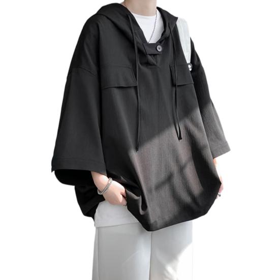 Весенне-летние мужские верхние нагрудные карманы большого размера в стиле хип-хоп, сплошной цвет, с капюшоном, рукава три четверти, тонкая кулиска, мягкая дышащая уличная рубашка, толстовка