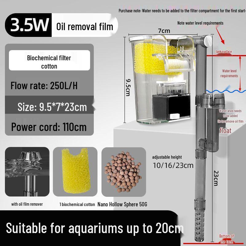 Настенный фильтр для аквариума: Бесшумный насос 3-в-1 для циркуляции, очистки, удаления масляной пленки и оксигенации.