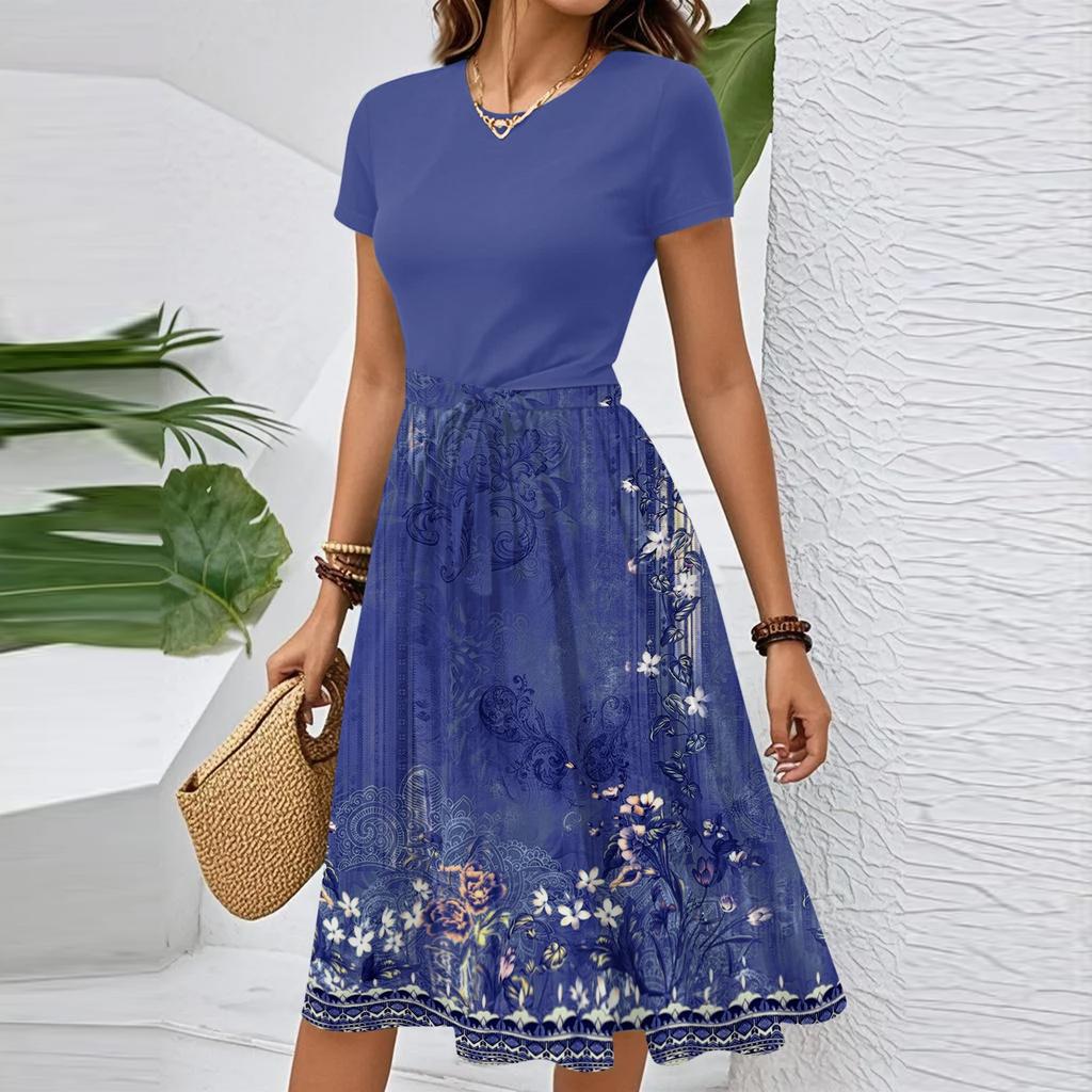 Women's Casual Fashion Belted Floral Print Short Sleeve Round Neck Elegant Dress