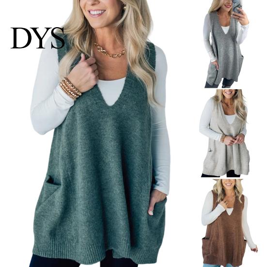 Women Sleeveless Knitwear Sweater V-neck Solid Color Knitting Vest with Everyday Commuting Style Pockets Ribbed Trim Loose Fit Mid-length Casual Top