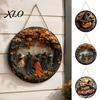Rustic Holiday Hanging Plaque Halloween Witch Sign, 8" Round Wooden Door Autumn Forest Retro Mysterious Sign Witches for Home Front Porch Decoration