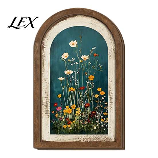 Vintage Aesthetic Wall Decor Arched Wooden Framed Art, Farmhouse Wildflower Oil Painting Prints, Nature Inspired Core Wood Ornament for Living
