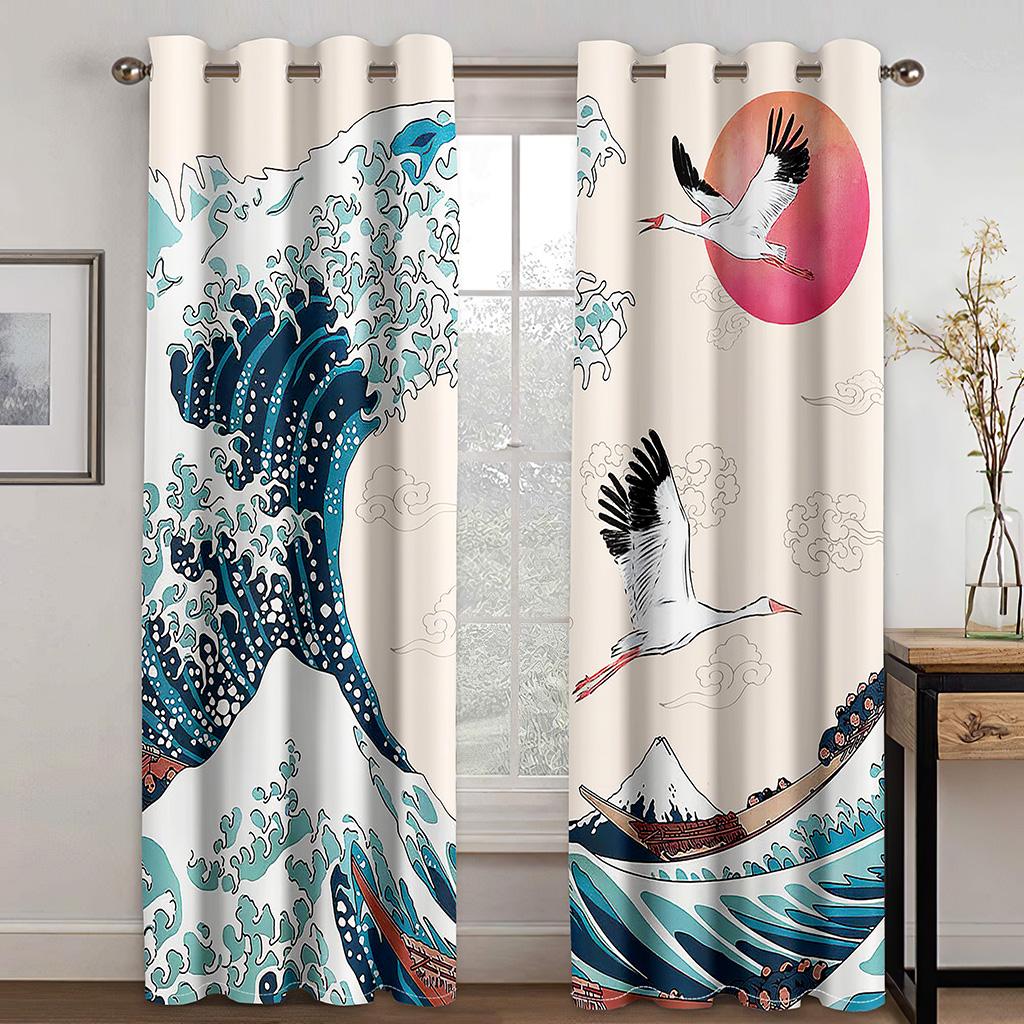 Японский пейзаж Красный восход солнца Журавль Оконные занавески Традиционная живопись тушью Оконные занавески Горный пейзаж Гостиная Шторы