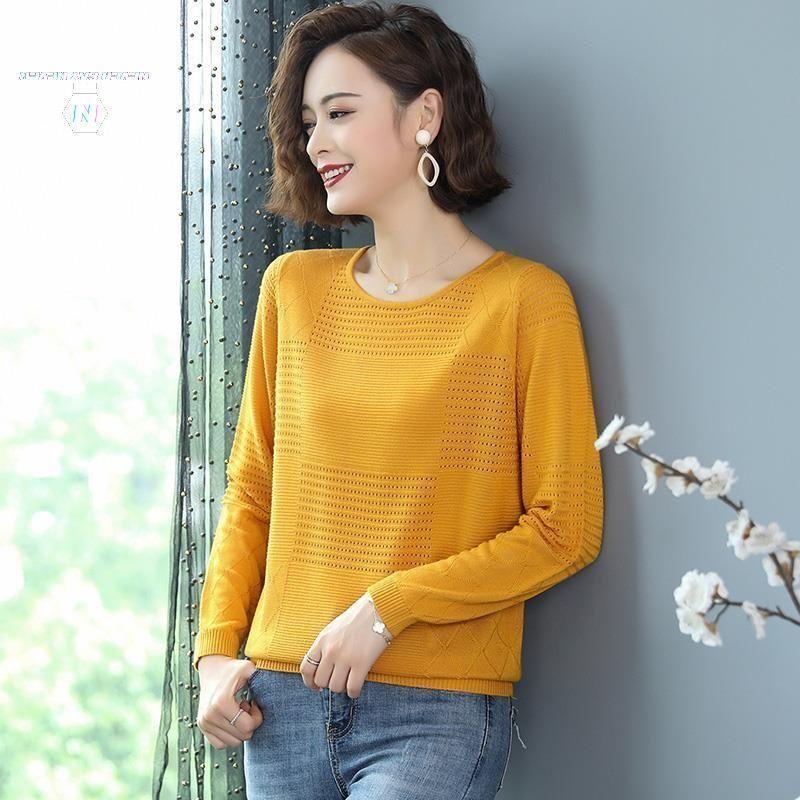 Women Round Neck Knit Sweater Female Spring and Autumn Solid Color Loose Thin Fashion Thin Section Bottoming Shirt Tops