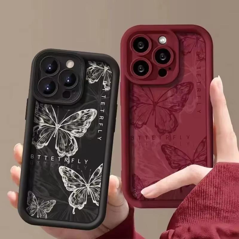 Retro Red Butterfly Silicone Couple Phone Case For iPhone 17 Air 16 e 15 14 13 12 11 Pro Max Plus Mini SE 2020 2022 Back Cover