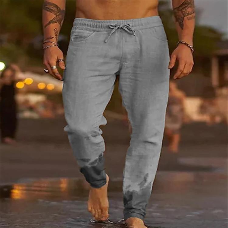 New Men's Solid Colour Drawstring Wrinkled Loose Cotton Linen Sports Leisure Beach Casual Trousers
