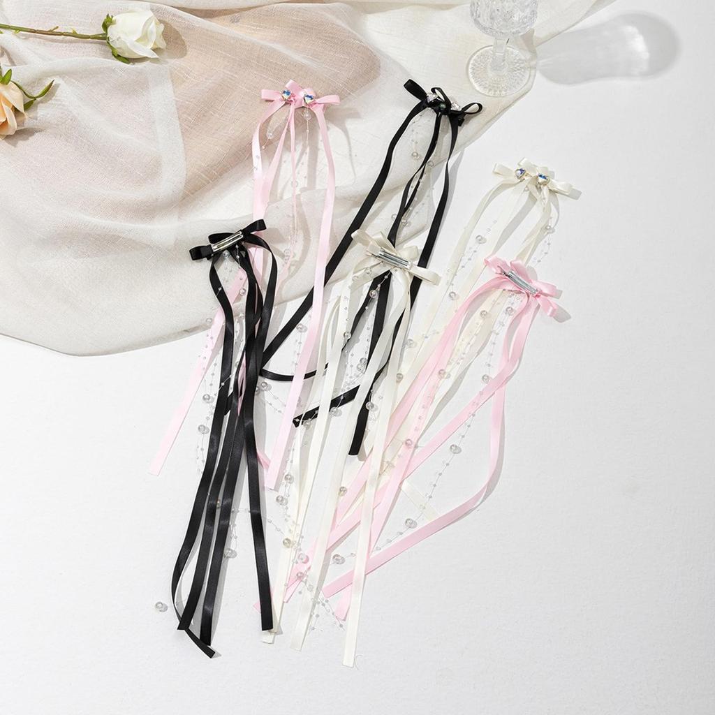 2/6pcs Set of Sweet Style Bow Rhine Stone Hair Clips with Flowing Ribbons, Fabric Hair Clips, Solid Color Hair Accessories Set