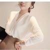 Elegant Women Shirt Korean Blouse Office Long Sleeve White V Neck Tops Casual Vintage Pullovers