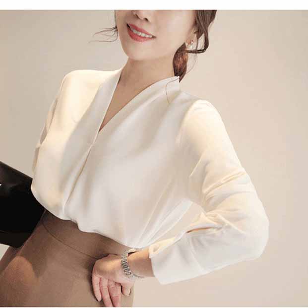 Elegant Women Shirt Korean Blouse Office Long Sleeve White V Neck Tops Casual Vintage Pullovers